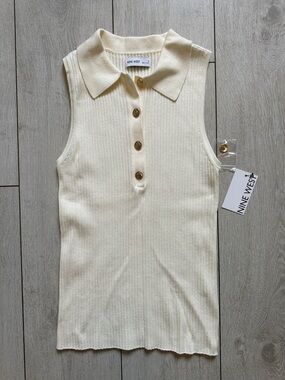 NINE WEST Cream Ribbed Sleeveless Polo Tank with Gold Buttons
